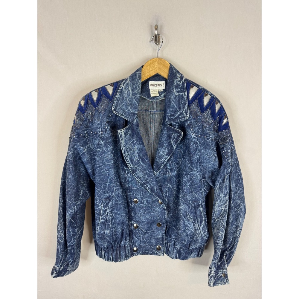 Vintage 80s Marc D'Arcy Paris Acid Wash Denim Beaded Sequin Jacket Blue Size 11